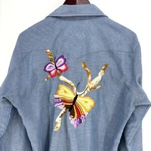 Vintage 70s Hand Embroidered Chambray Shirt Big Mac Butterfly Flowers Pearl Snap